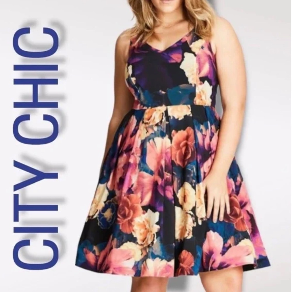 City Chic Black & Floral Overlay V Neck Midi Sleeveless Dress Size 14